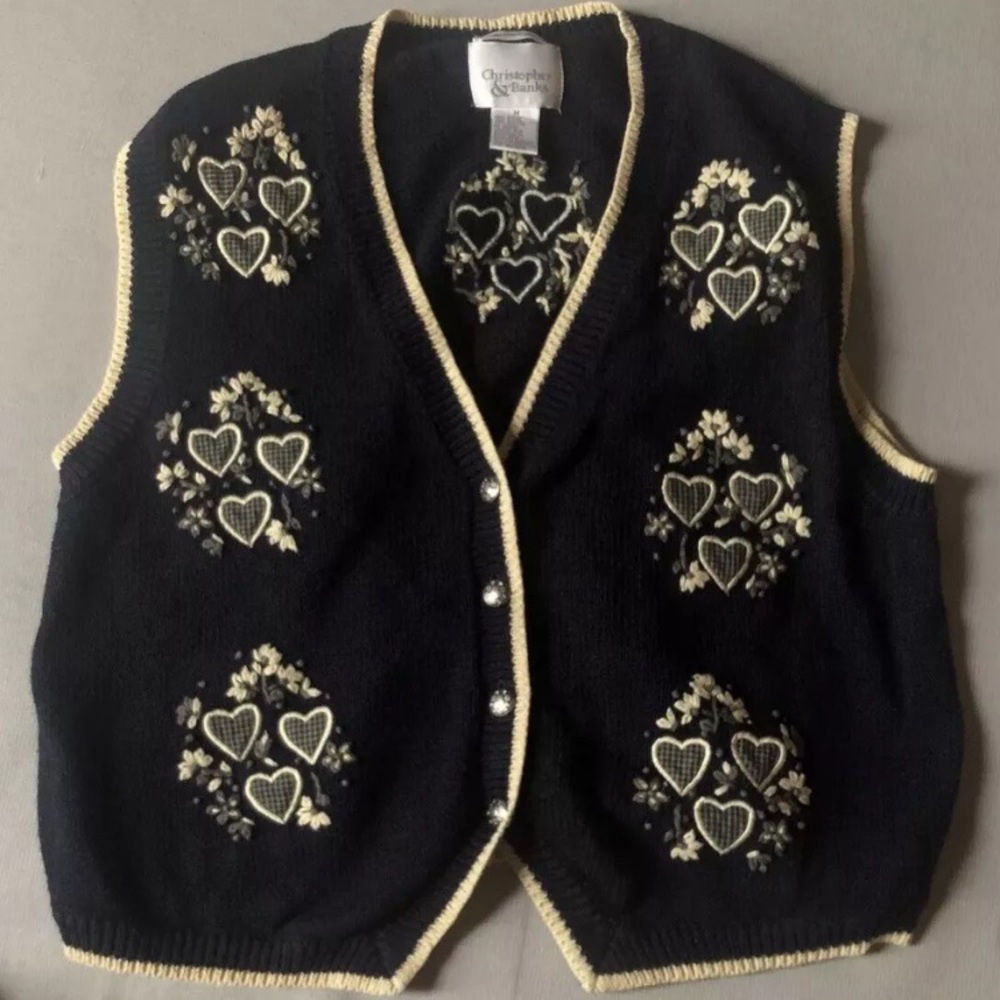 Vtg Christopher & Banks Womens M Knit Sweater Vest Navy Yellow Hearts Flowers
